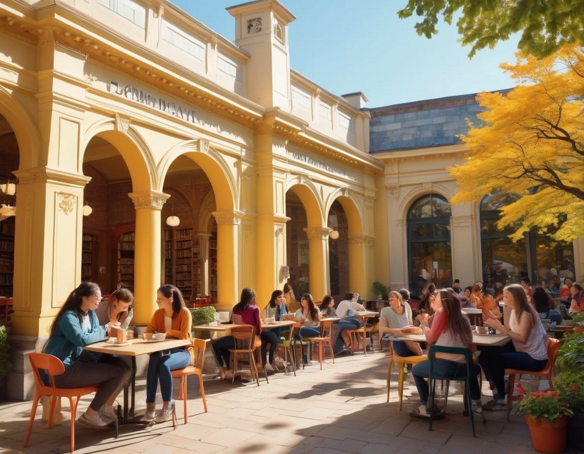 A dynamic scene depicting a diverse group of college students engaged in various activities: studying in a cozy library, laughing together at a café, exploring a bustling campus, and enjoying a vibrant outdoor festival. Each student showcases excitement and ambition, symbolizing the journey from novice to thriving. Bright colors, uplifting atmosphere, and elements of joy like books, coffee cups, and decorations of university culture. super-realistic. vibrant colors. sunny day.