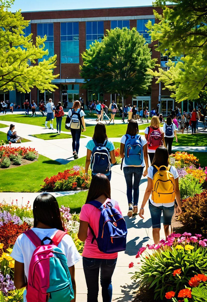 A vibrant and bustling campus scene, featuring a diverse group of enthusiastic freshmen engaged in various activities like studying, attending events, and socializing. The setting is filled with colorful backpacks, books, and nature, showcasing a sunny day with blooming flowers. Add elements of camaraderie and excitement, with the iconic campus buildings in the background. bright colors. super-realistic.